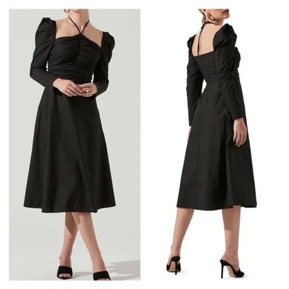 ASTR the Label Long Puff Sleeve Tie Neck Cotton Dress in Black Sz. Small - Picture 1 of 15